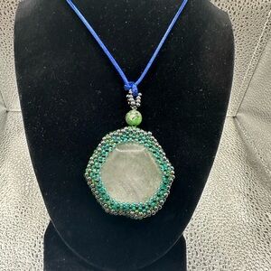 Chic Green and Silver Beaded Bezel clear quartz Pendant Necklace
